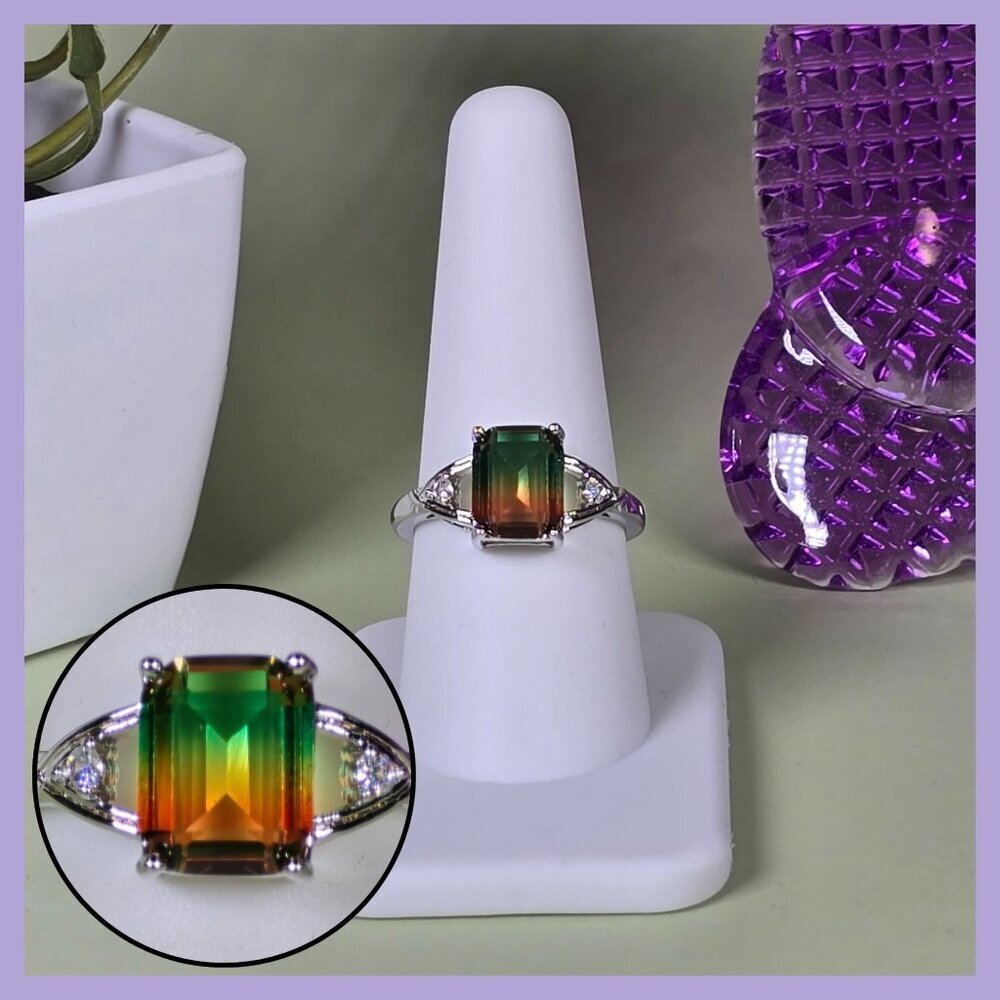 Emerald-Cut Simulated Watermelon Tourmaline‎ Silvery Ring Size 8.5 (NWOT)